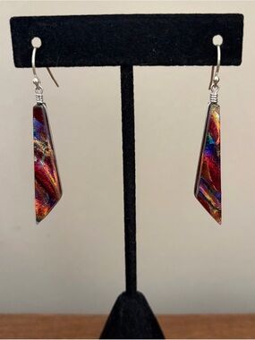 Artisan .925 Sterling Silver Multicolor Dichroic Glass Earrings, 2" drop